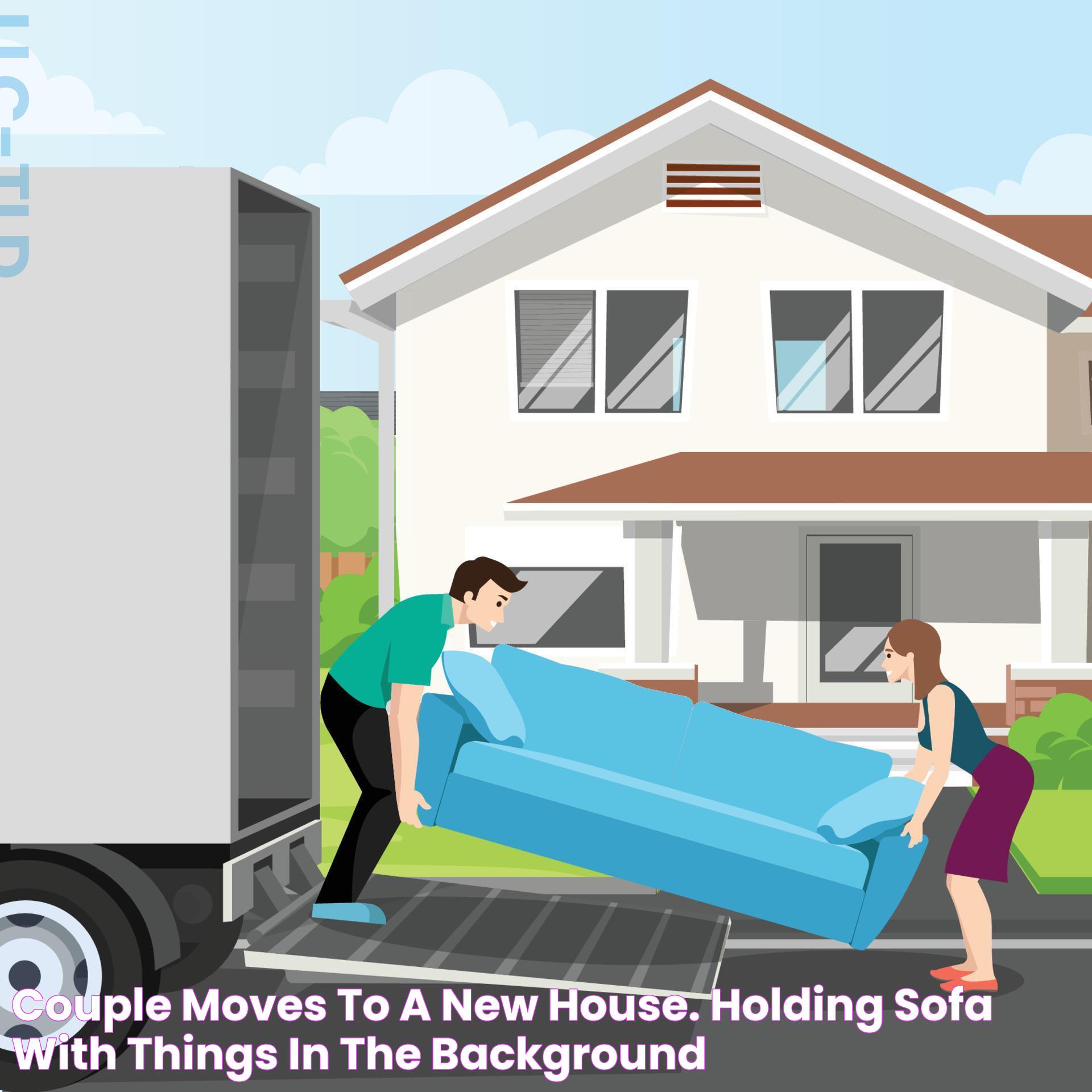 Couple moves to a new house. Holding sofa with things in the background