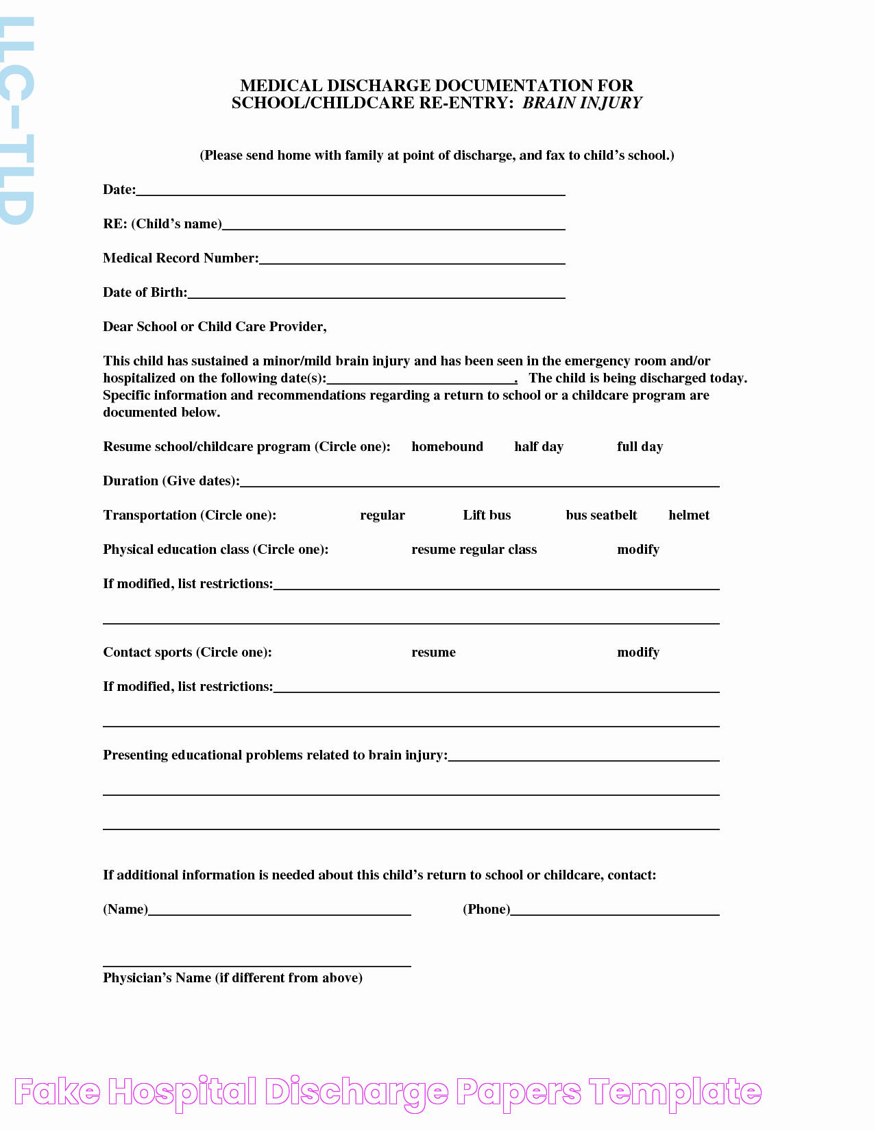 Fake Hospital Discharge Papers Template