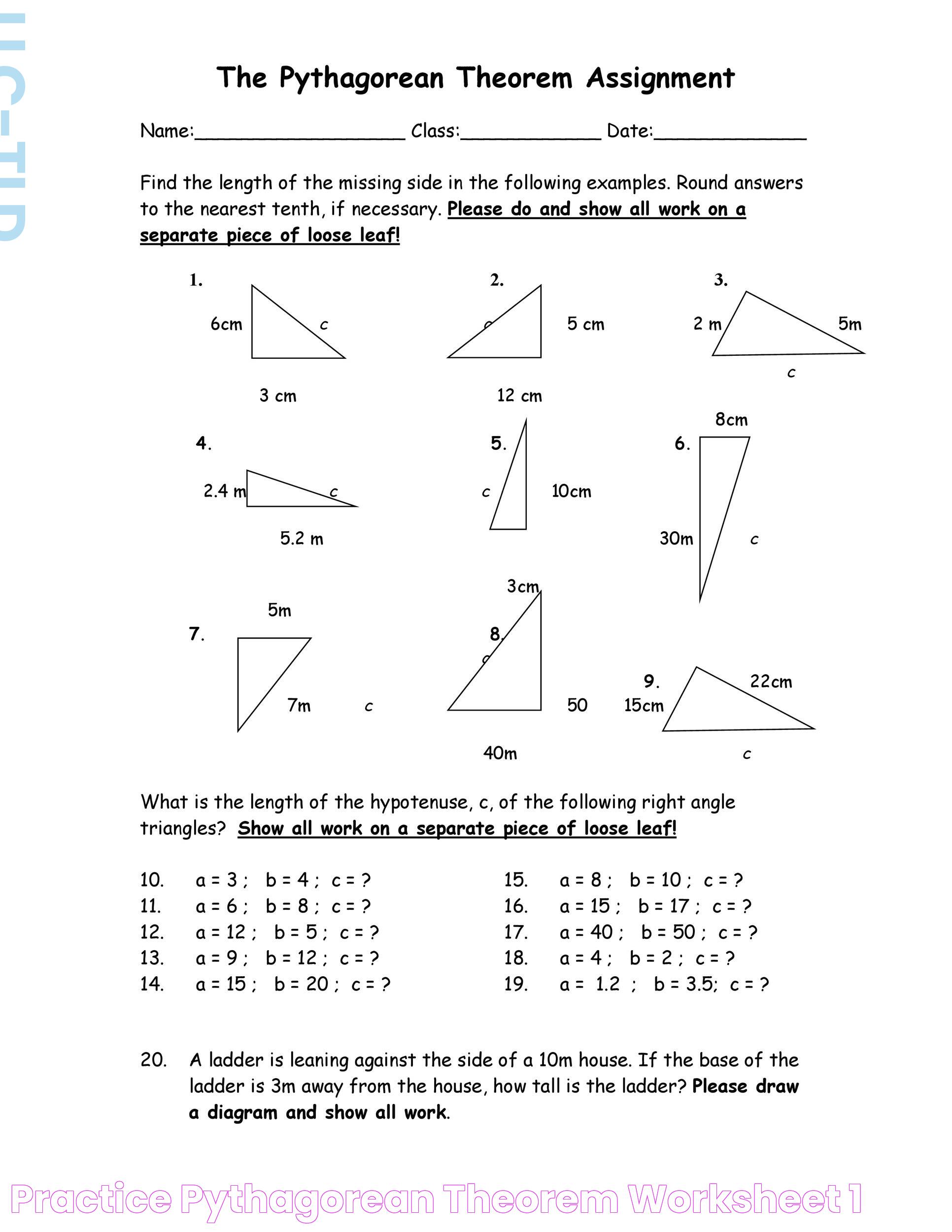 Practice Pythagorean Theorem Worksheet