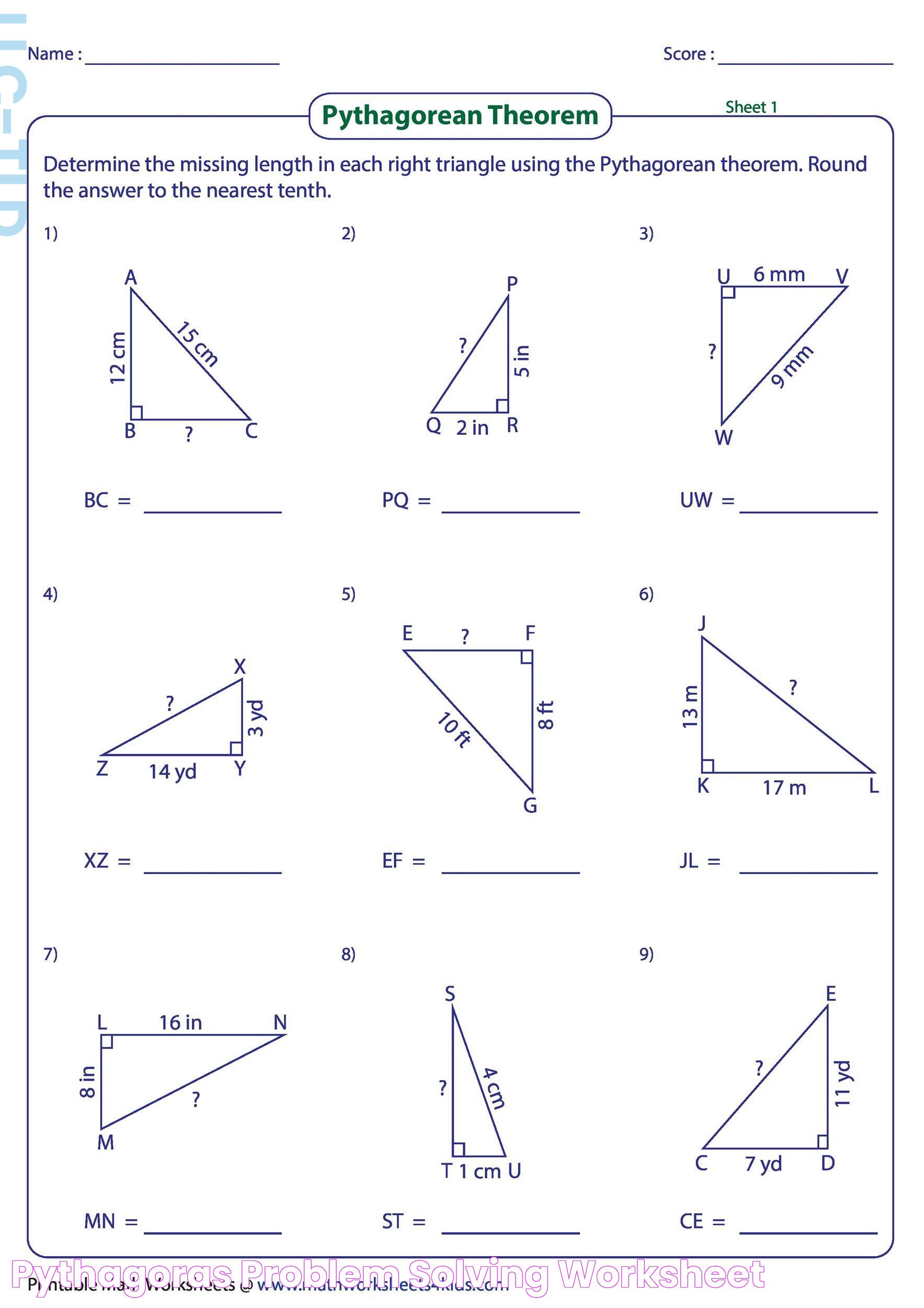 Pythagoras Problem Solving Worksheet