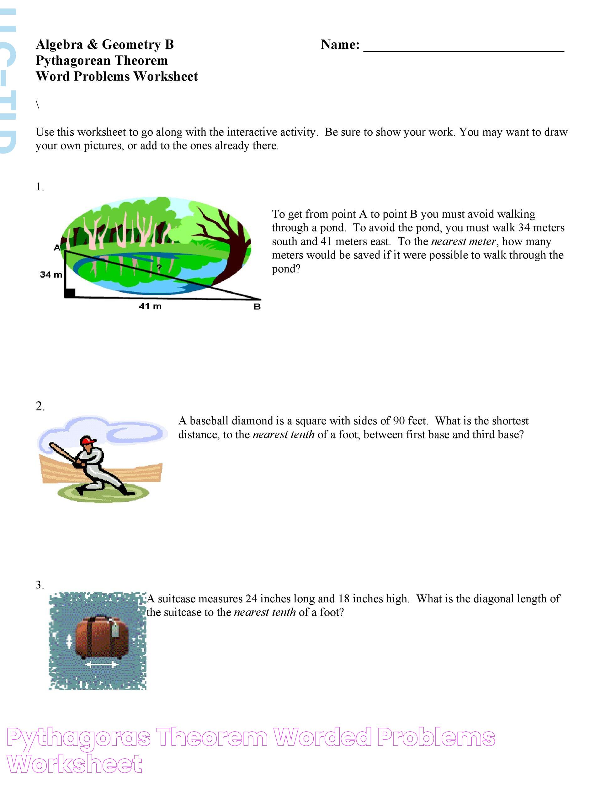 Pythagoras Theorem Worded Problems Worksheet