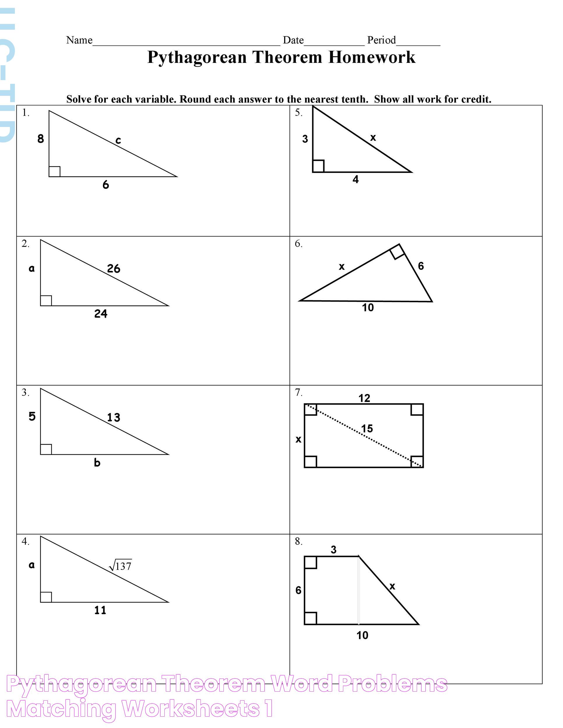 Pythagorean Theorem Word Problems Matching Worksheets