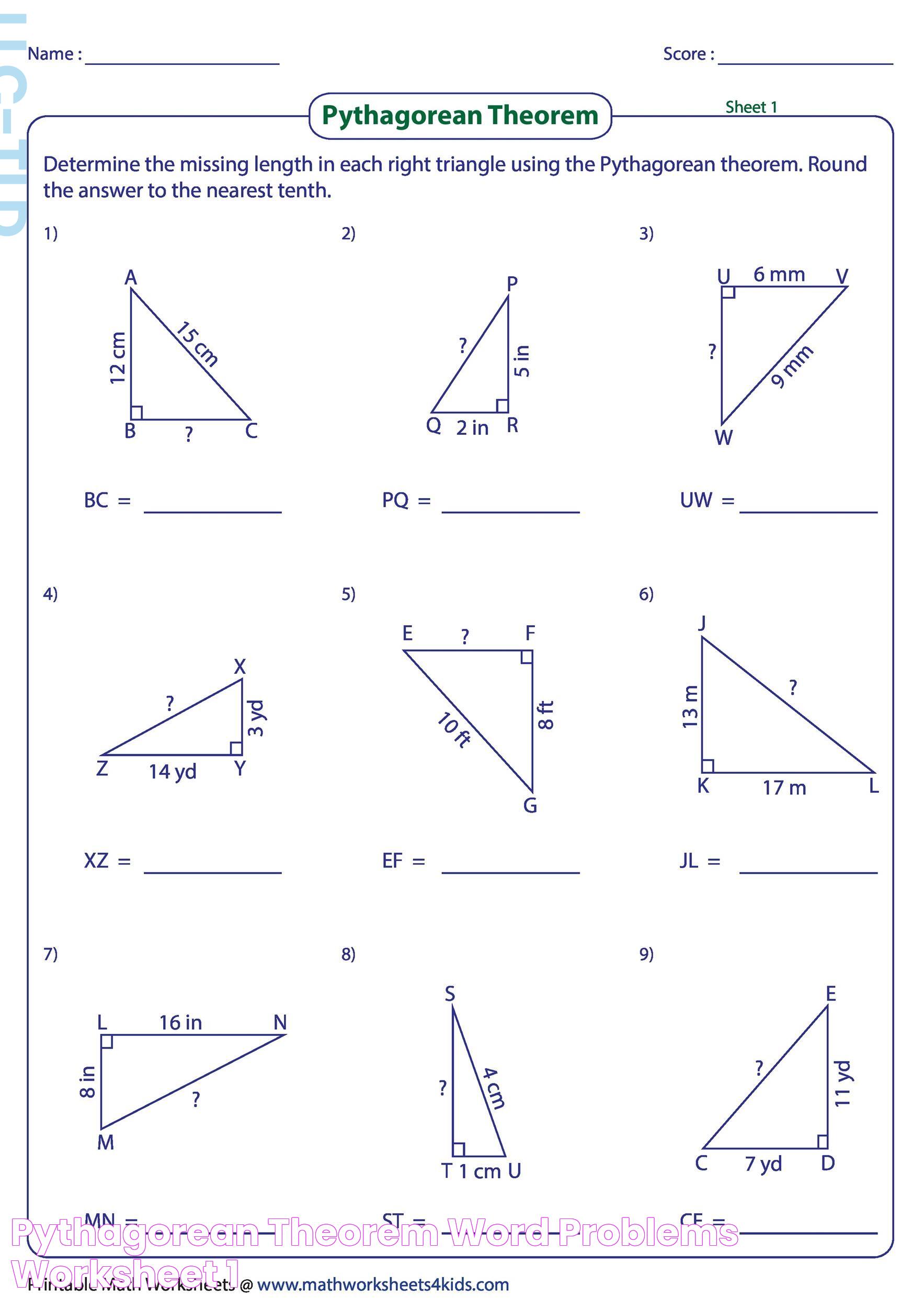 Pythagorean Theorem Word Problems Worksheet 1