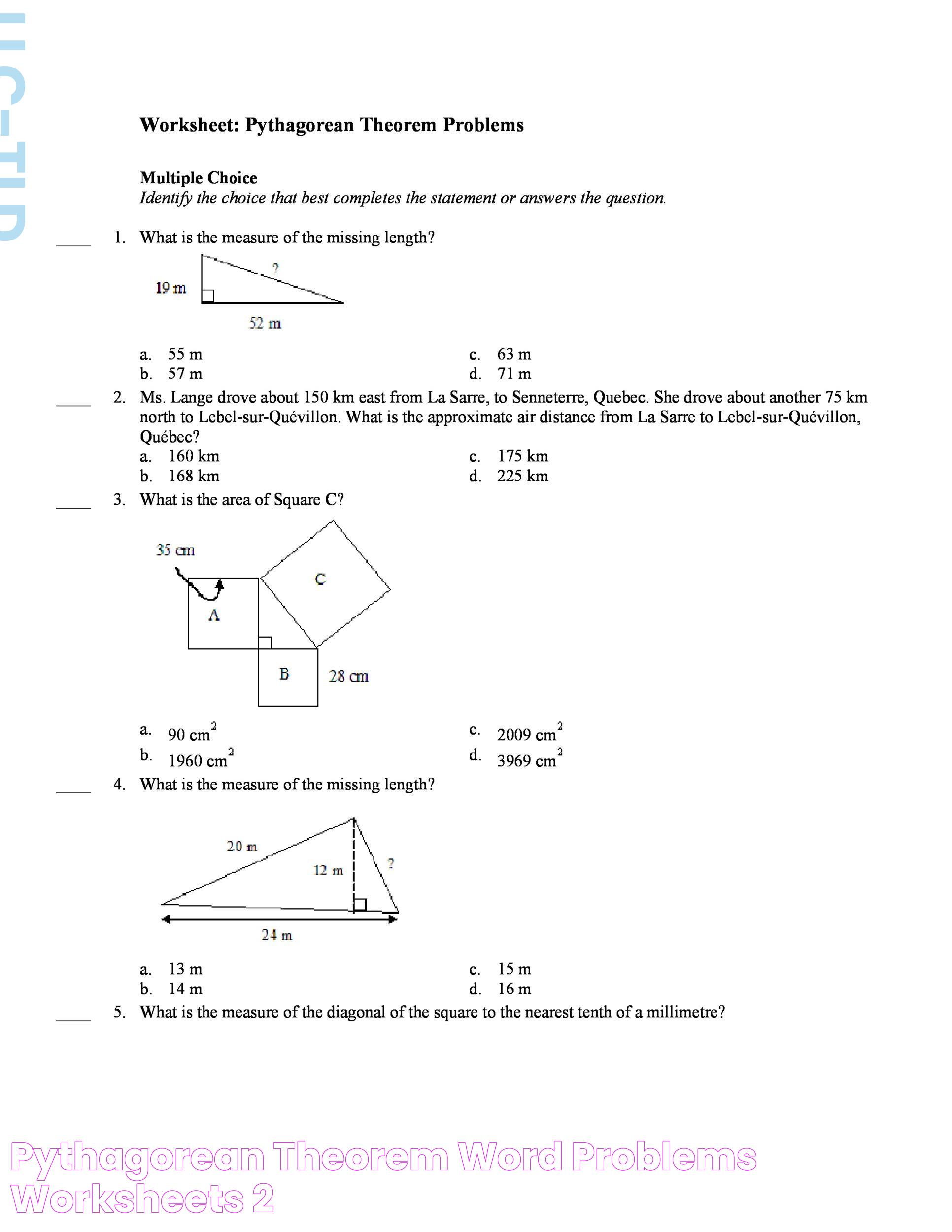 Pythagorean Theorem Word Problems Worksheets