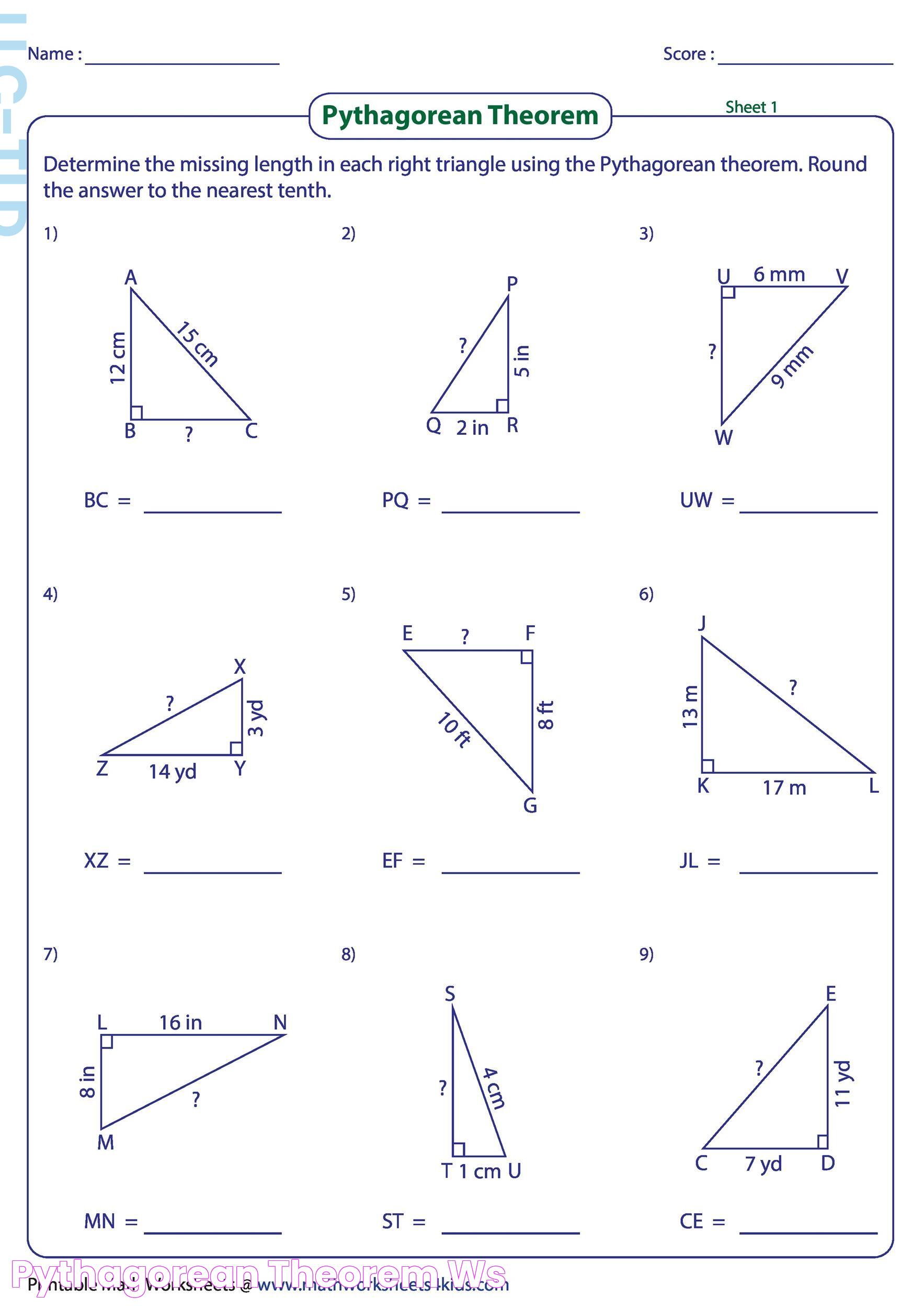 Pythagorean Theorem Ws